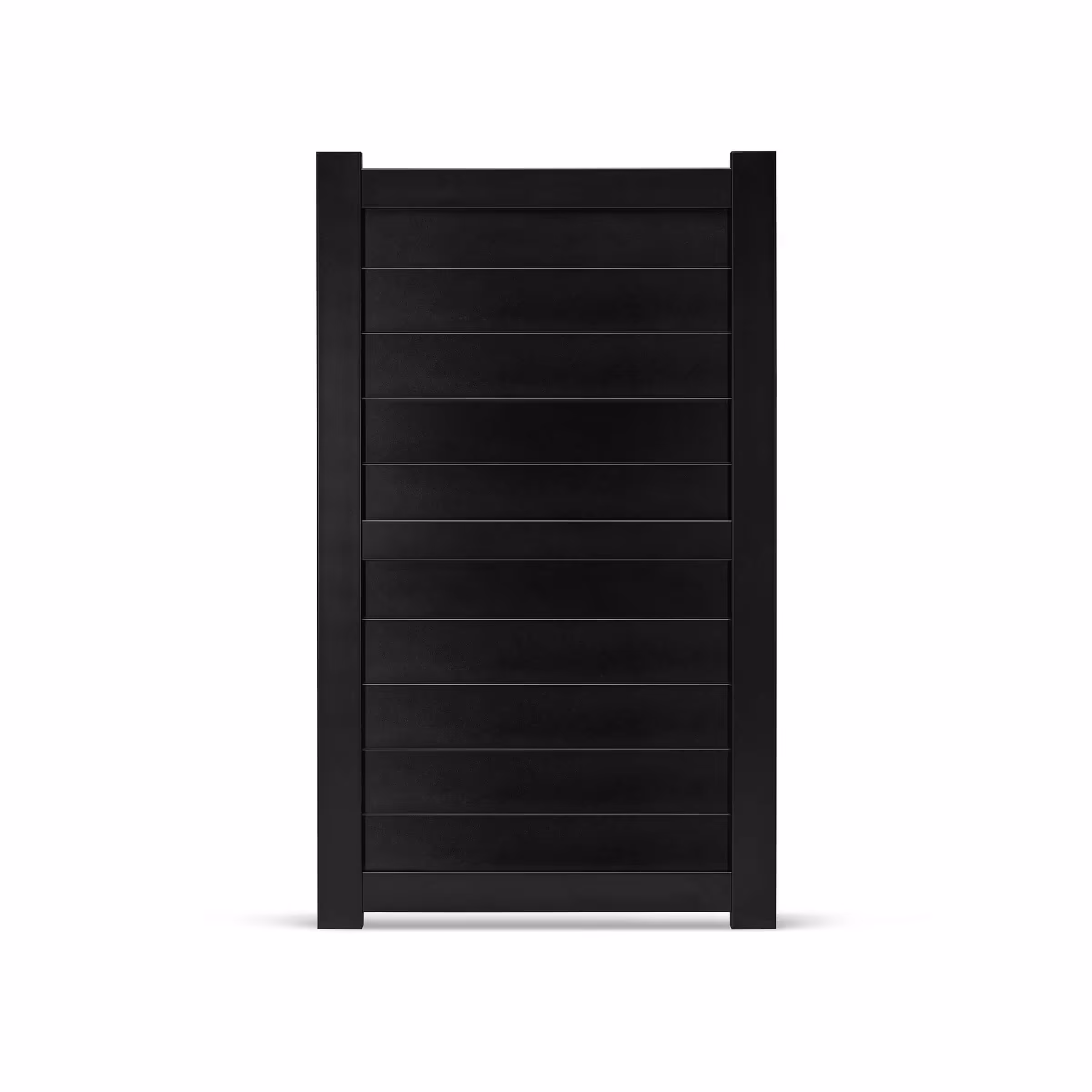 Black aluminum horizontal slat pedestrian privacy gate with vertical frame posts.