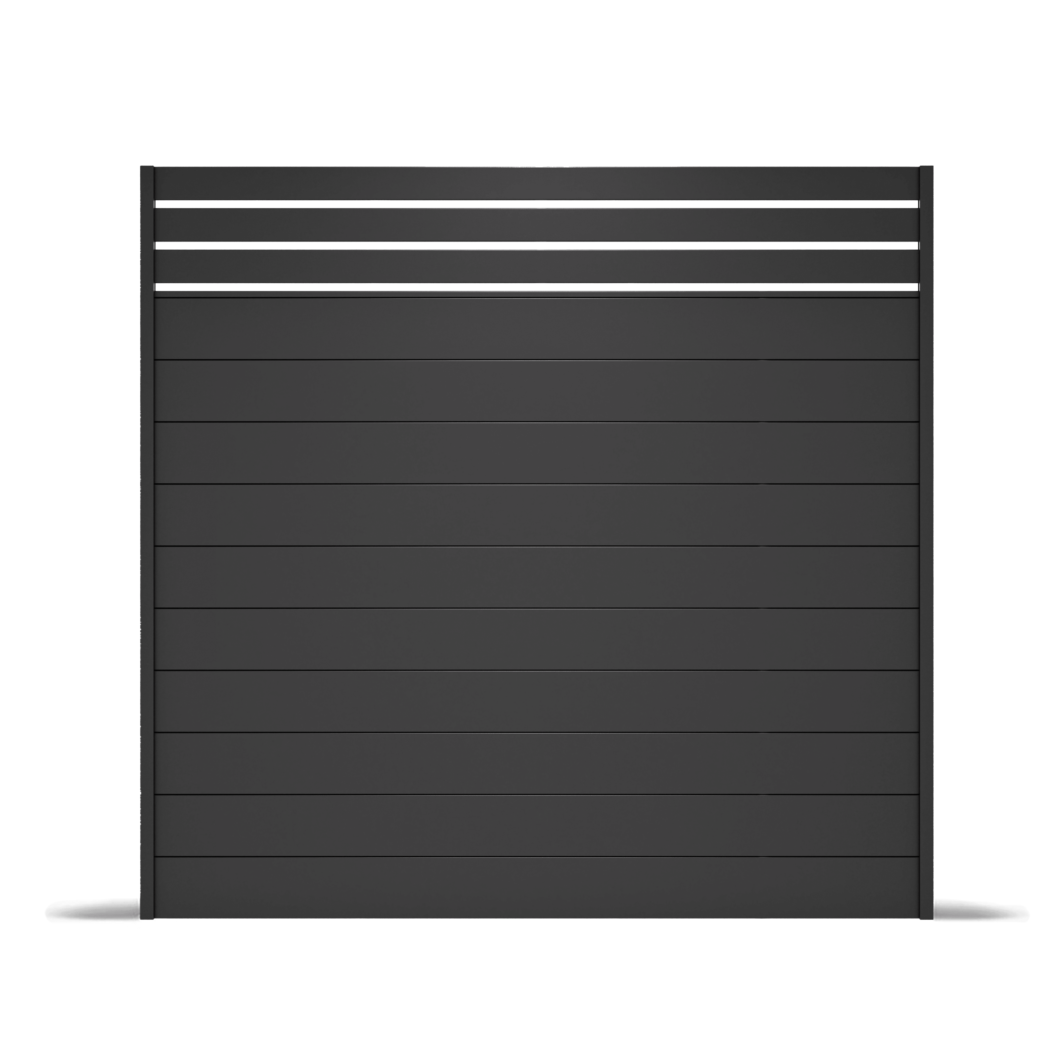 Black horizontal aluminum privacy fence panel with a solid lower section and three narrow slats spaced at the top.
