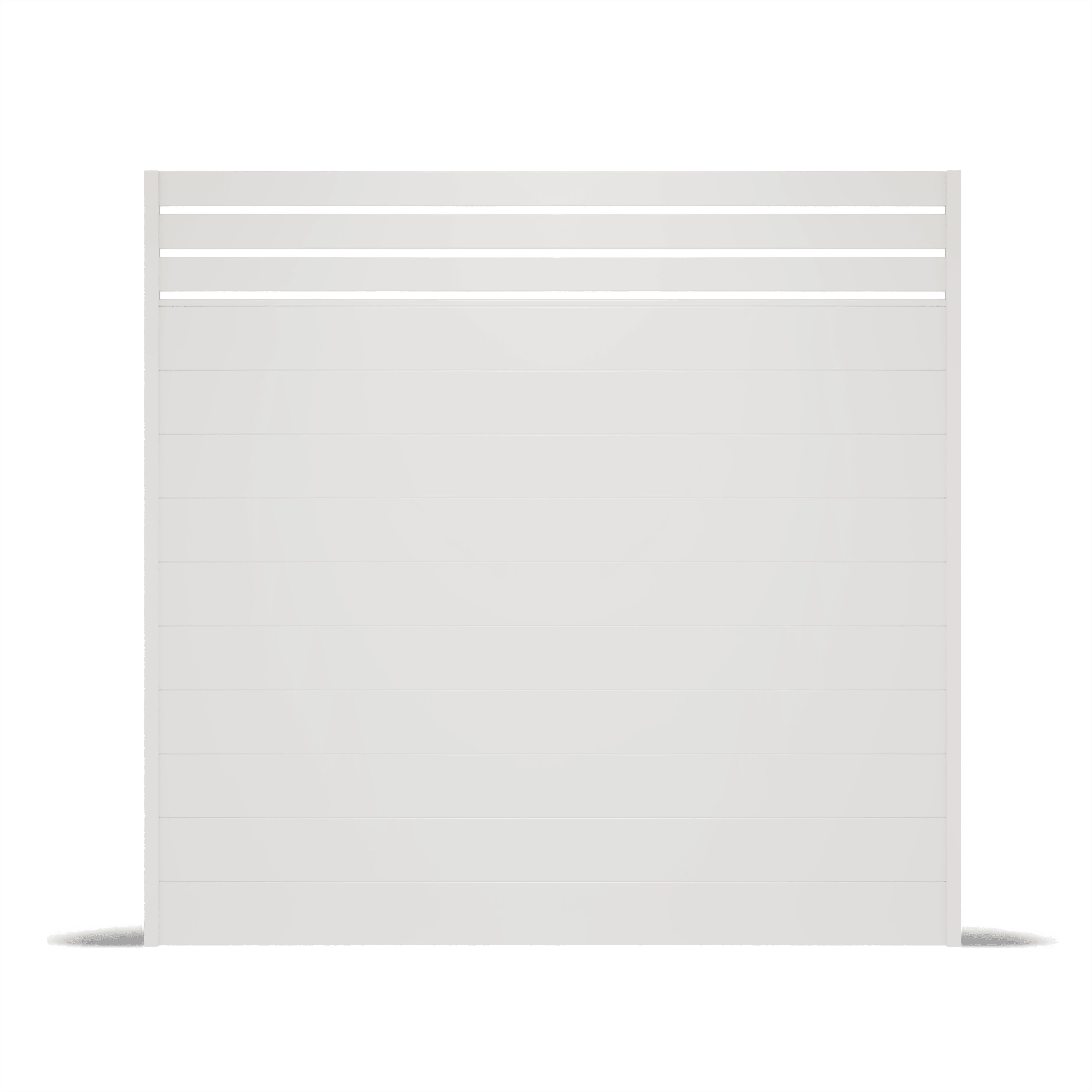 White hybrid aluminum privacy fence panel with horizontal solid slats and three narrow gaps near the top.