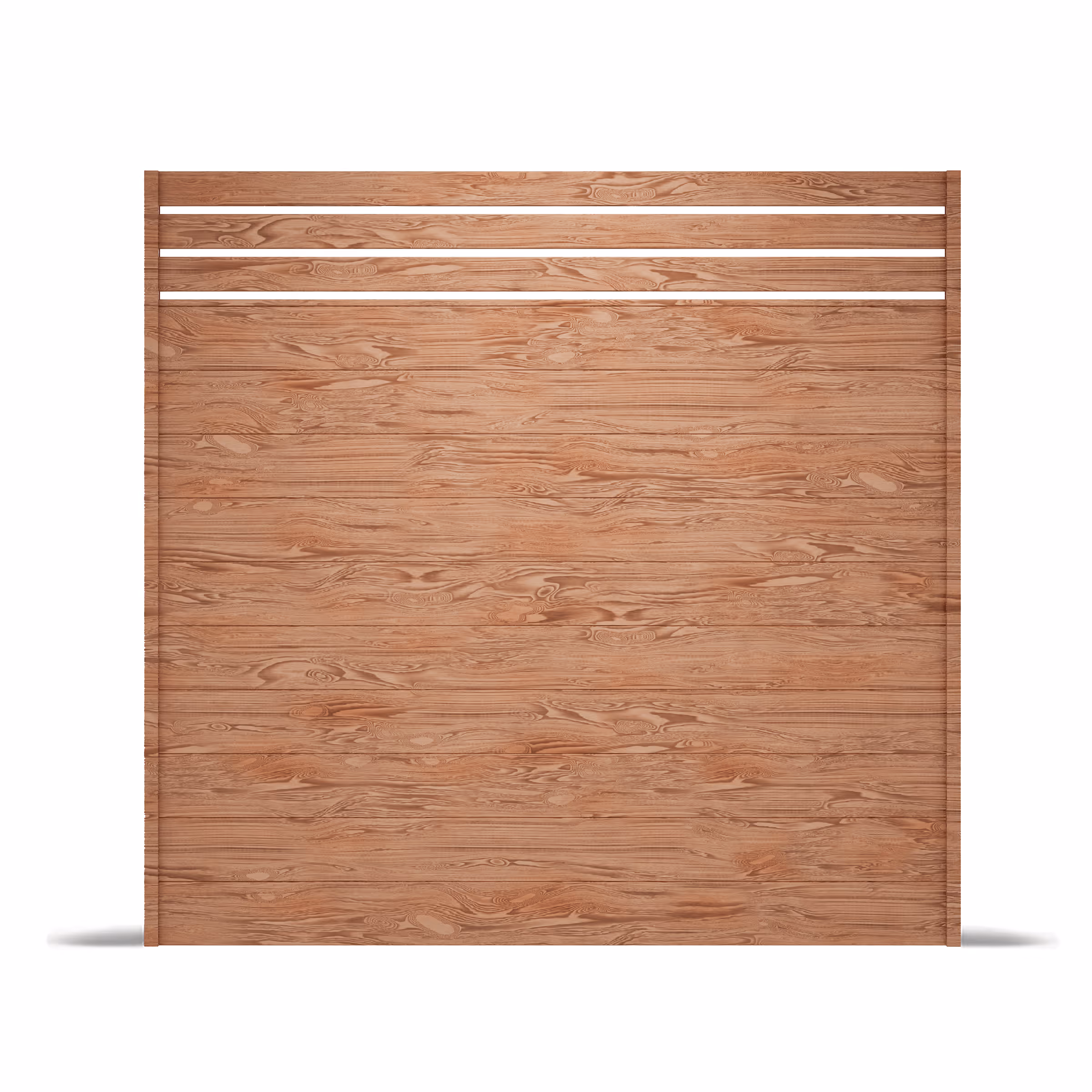 Wood grain hybrid aluminum privacy fence panel with three horizontal slats at the top and a solid wood grain panel below.