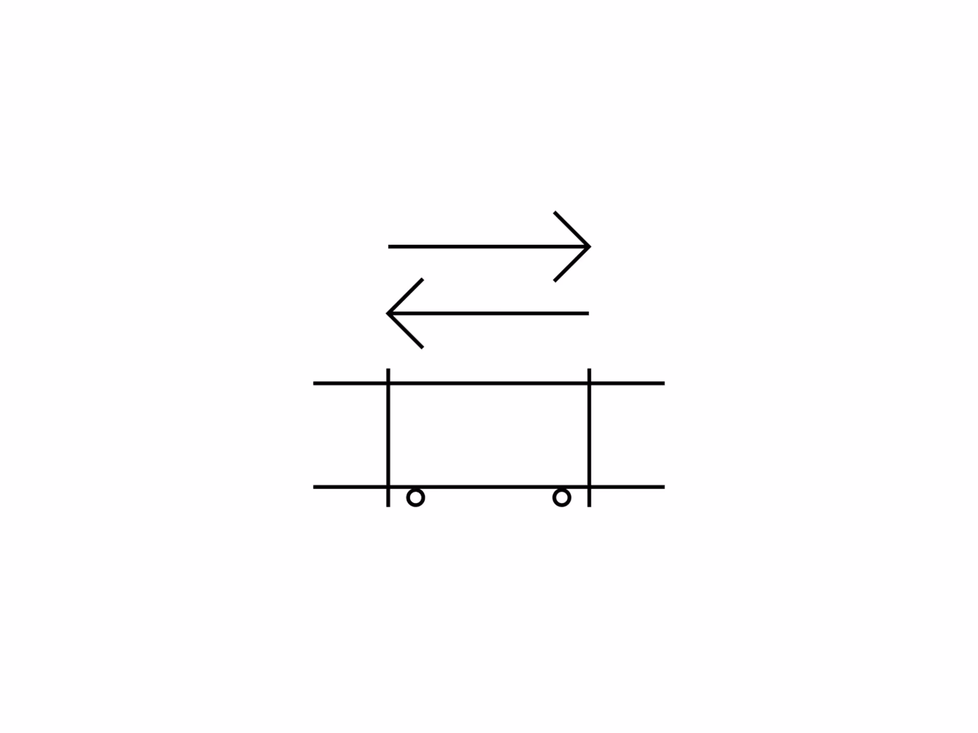 Simple black line drawing of a rectangular flat cart with two wheels and two horizontal arrows pointing in opposite directions above it.