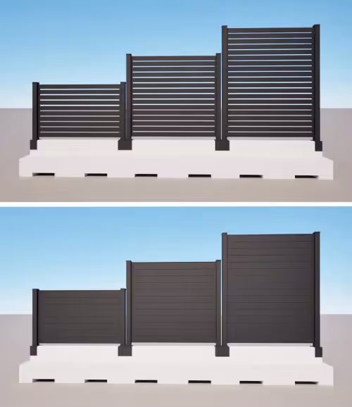 Comparison of three aluminum mobile fences in different heights and designs, one with horizontal slats and the other with solid panels, both shown against a clear sky.