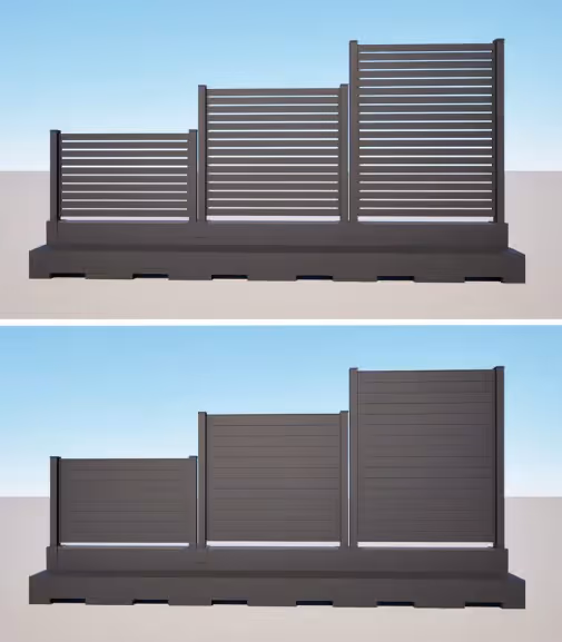 Two images showing black aluminum mobile fences with three panels of different heights; the top image has horizontal slats with gaps, the bottom image has solid horizontal panels.