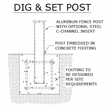 Diagram showing an aluminum fence post with optional steel C-channel insert embedded in concrete footing, with footing design per site requirements.