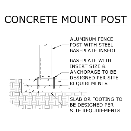 Technical diagram of a concrete mount post showing an aluminum fence post with steel baseplate insert anchored in a concrete slab designed per site requirements.