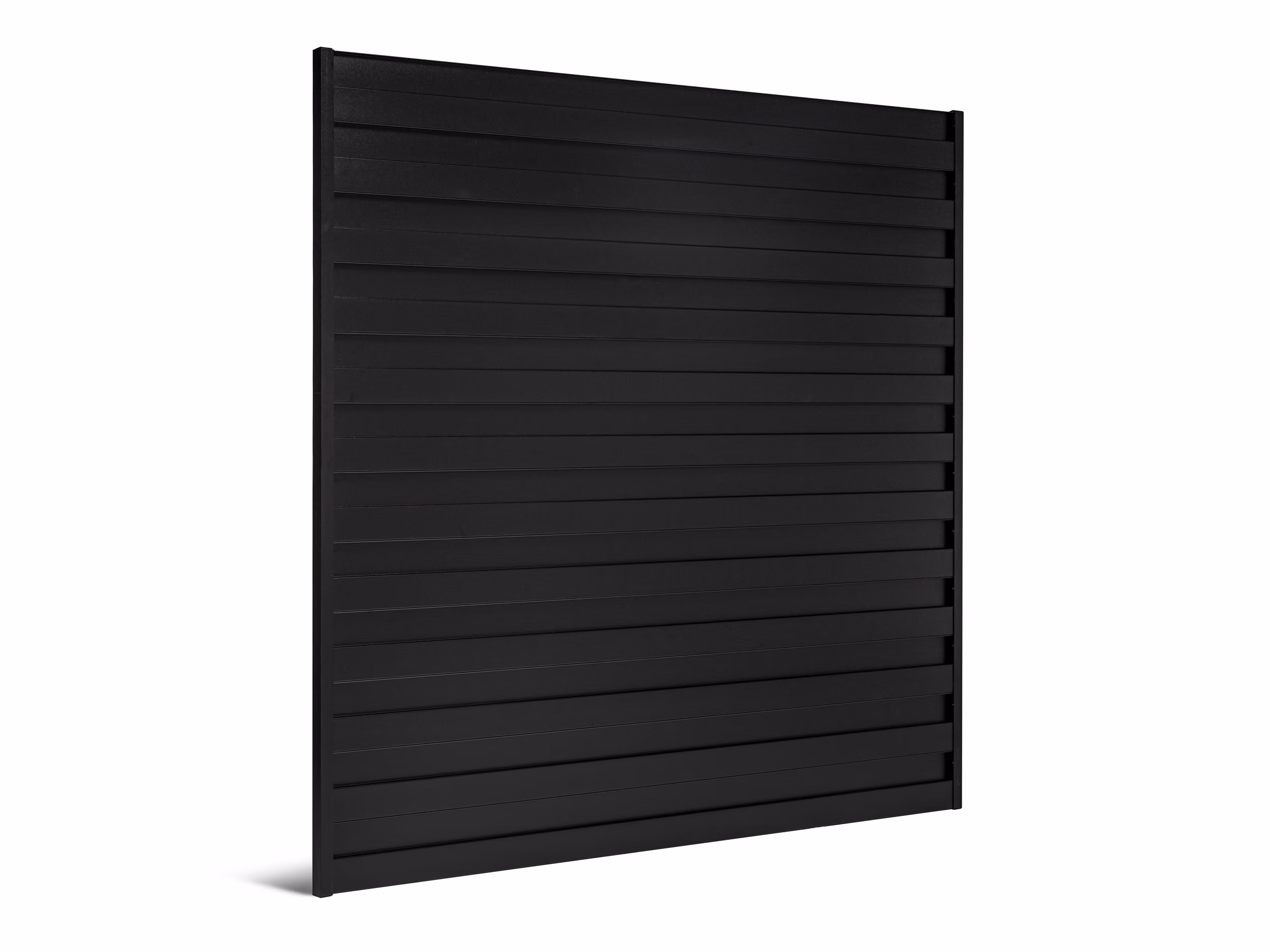 Black horizontal slat privacy fence panel made of aluminum with a sleek design.