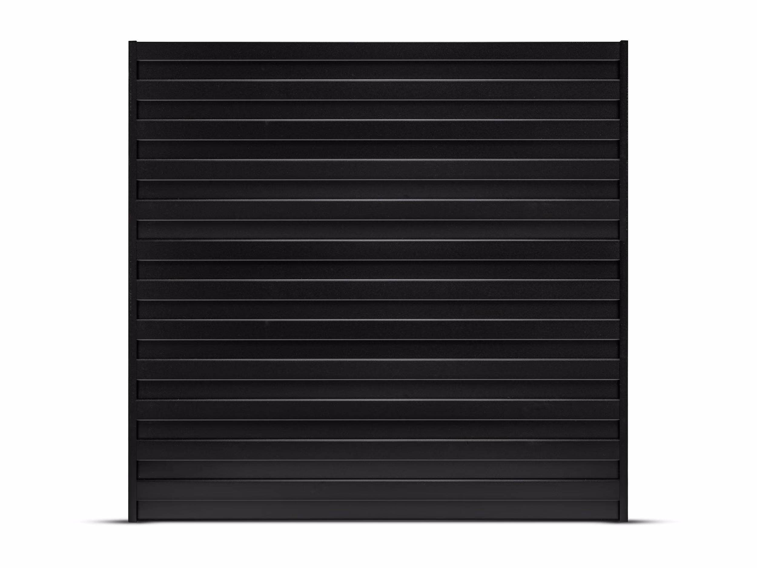 Black horizontal aluminum fence panel with shadowbox design on a white background.