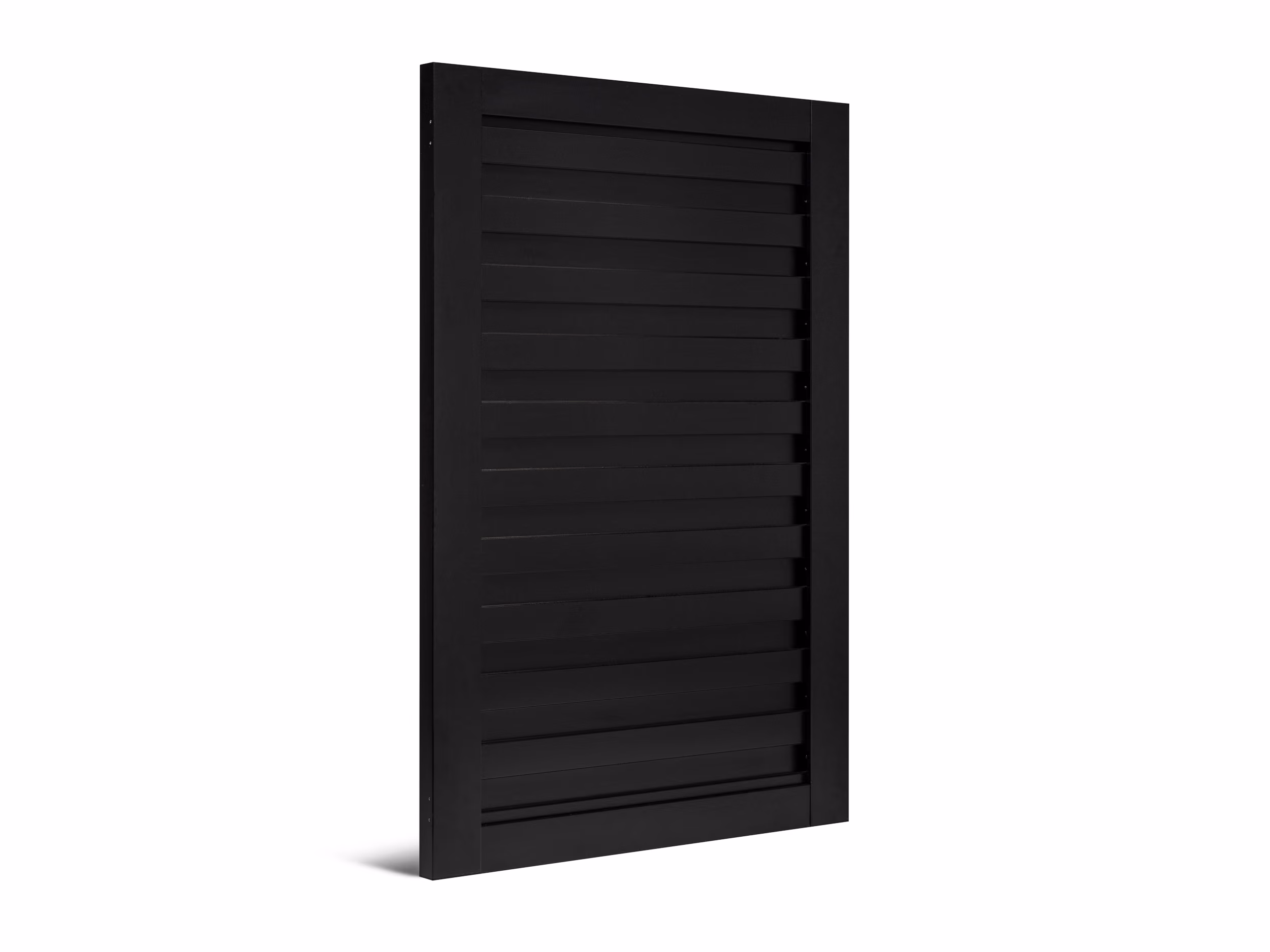 Black horizontal slat privacy fence panel with a solid frame on white background.