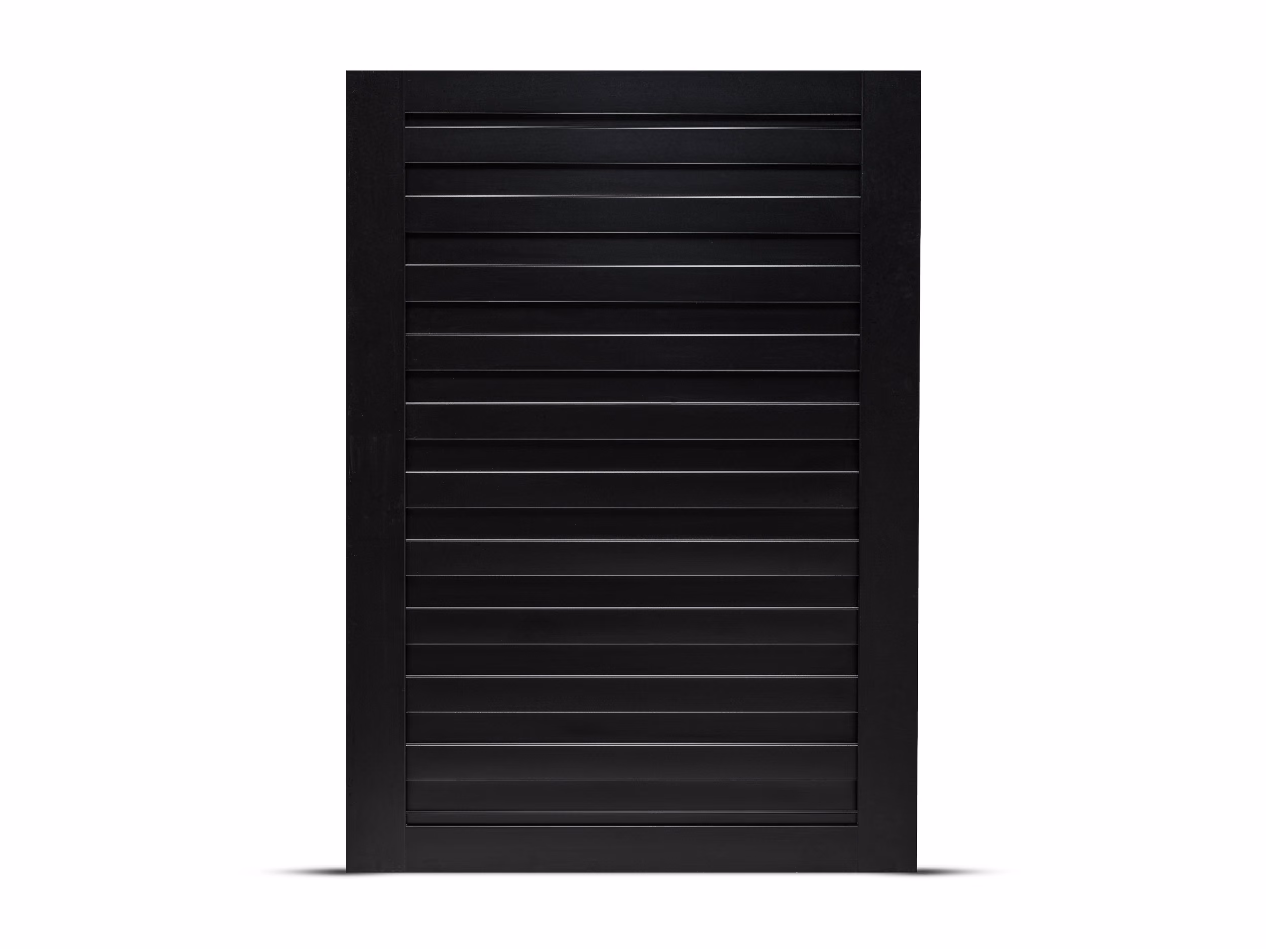 Black aluminum horizontal slat gate with solid frame on white background.