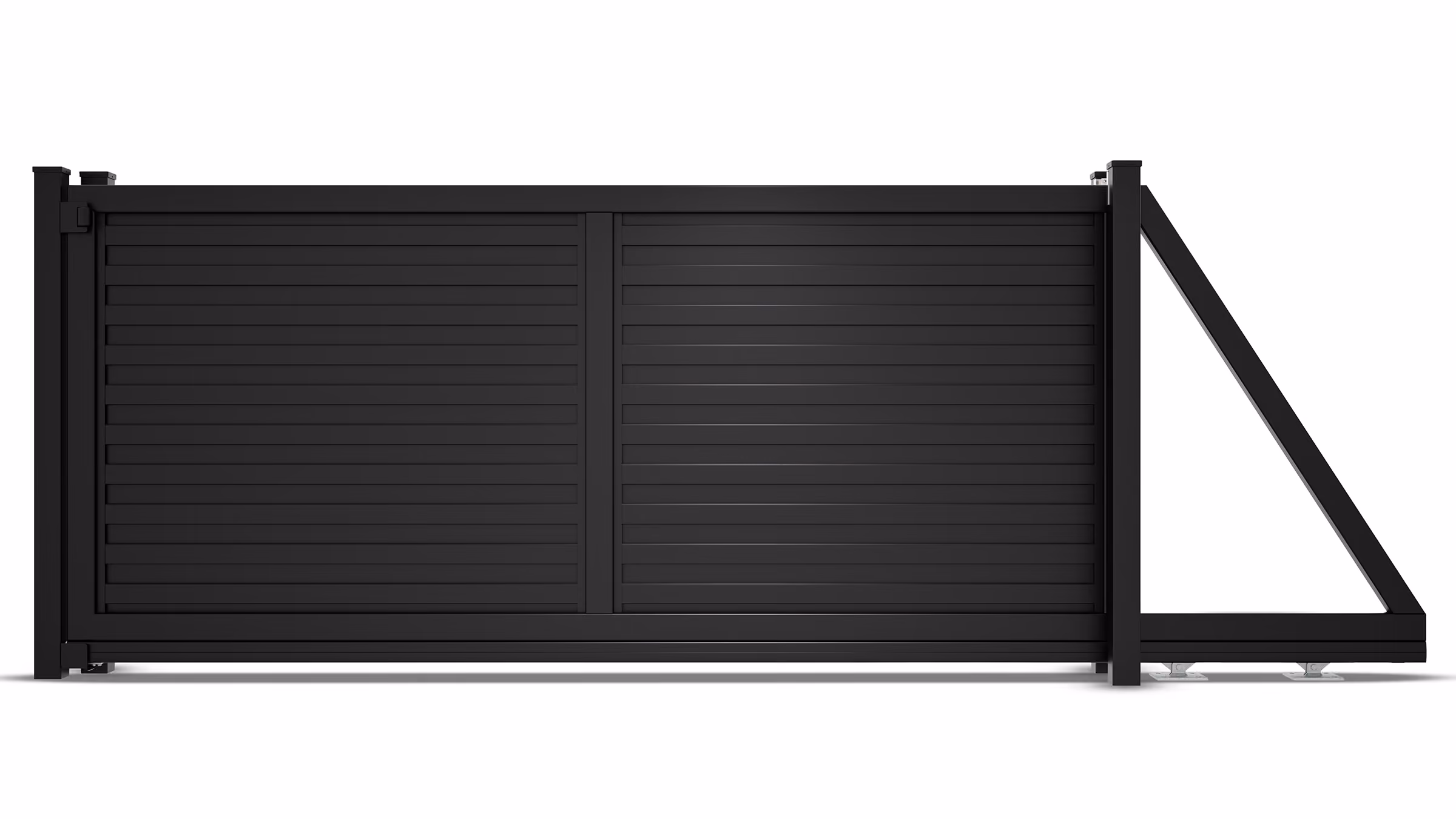 Modern black horizontal aluminum sliding vehicle gate with support structure on the right side.