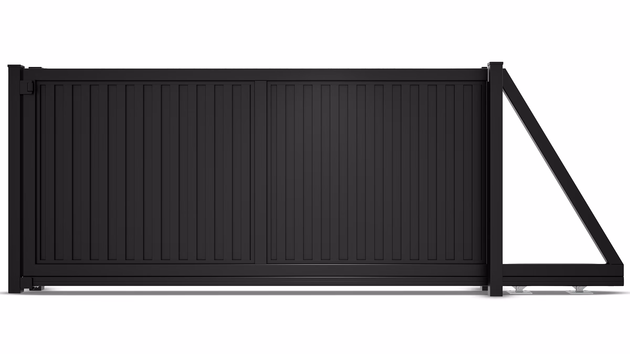 Modern black vertical aluminum sliding vehicle gate with support frame on white background.