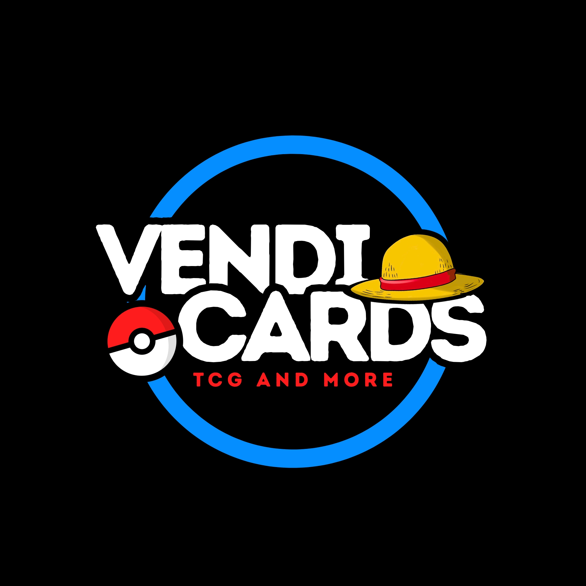 Vendi Cards logo with a blue circle, a Poké Ball, and a yellow straw hat, text reads 'Vendi Cards TCG and More'.