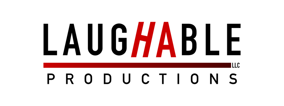 Logo for Laughable Productions LLC with the letters HA in red and an underline beneath LAUGHABLE above PRODUCTIONS.