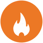 Orange circular icon with a black flame symbol in the center.