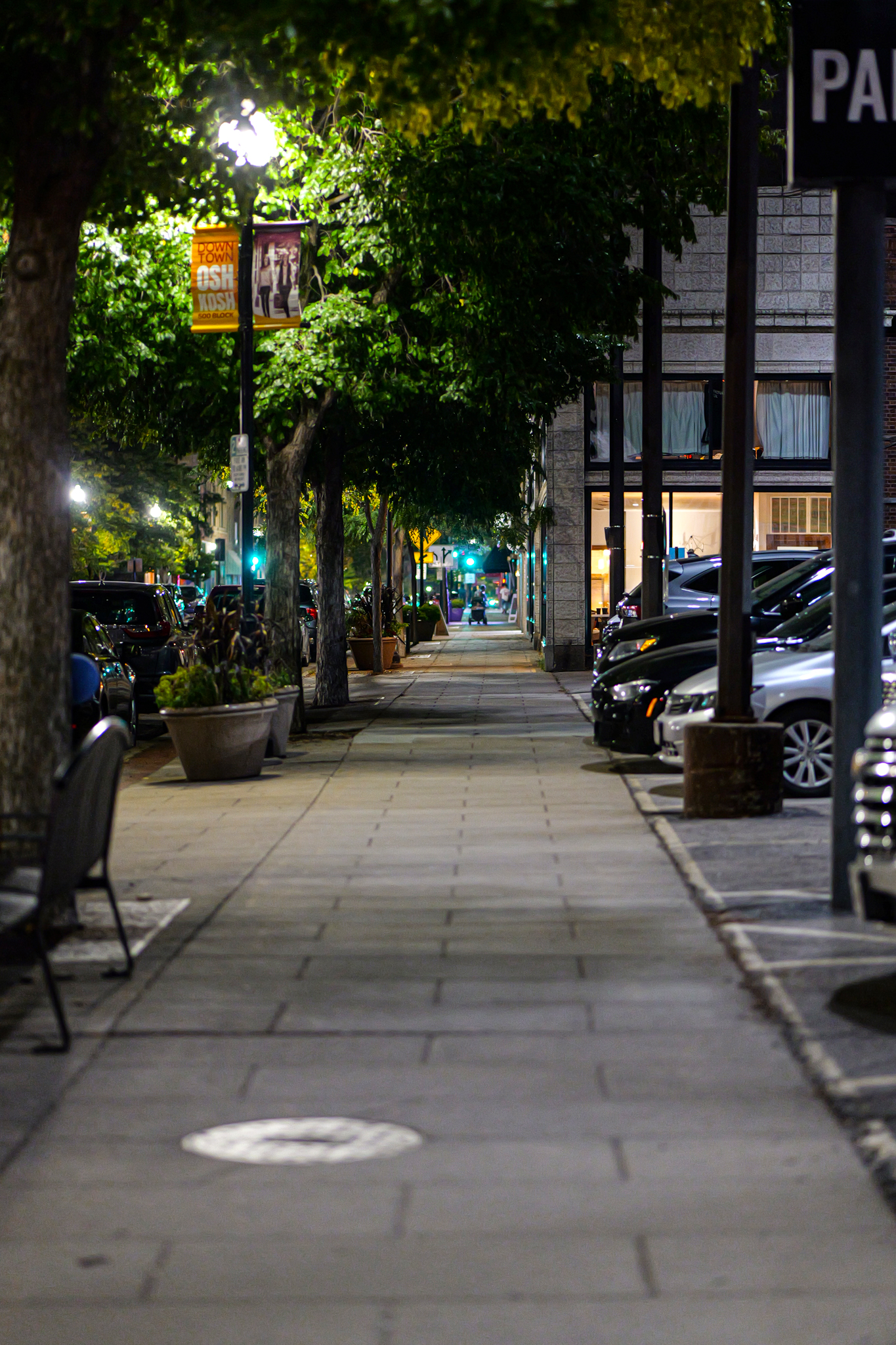 Nighttime view of a tree-lined sidewalk in a downtown area with parked cars and street lamps.