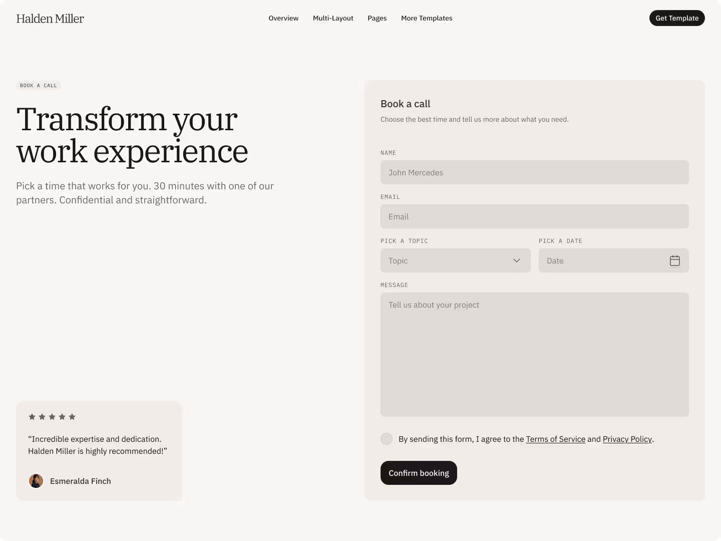 Booking page with form to schedule a call, including input fields and confirmation button.