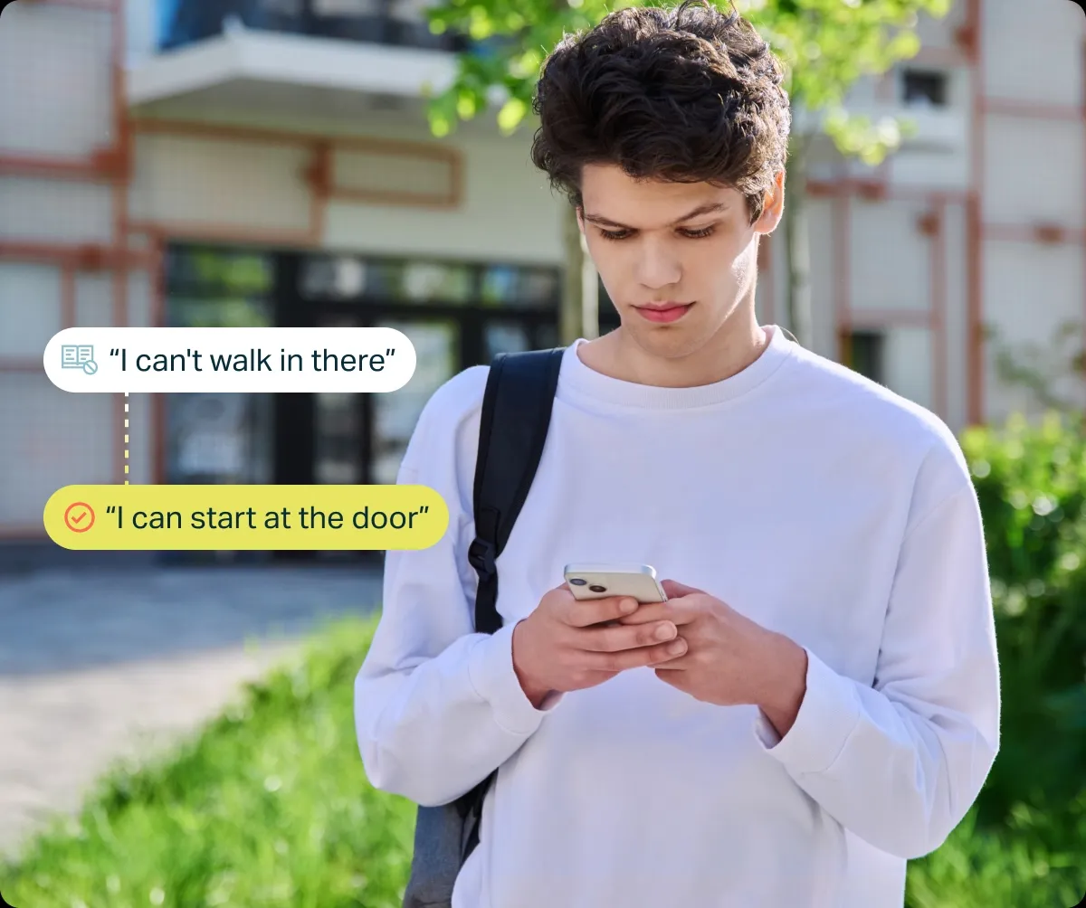 Young man with headphones and backpack looking at phone, with text bubbles showing self-talk: 'I'll fail this test' and 'I've prepared, I can handle it' emphasizing positive mindset.