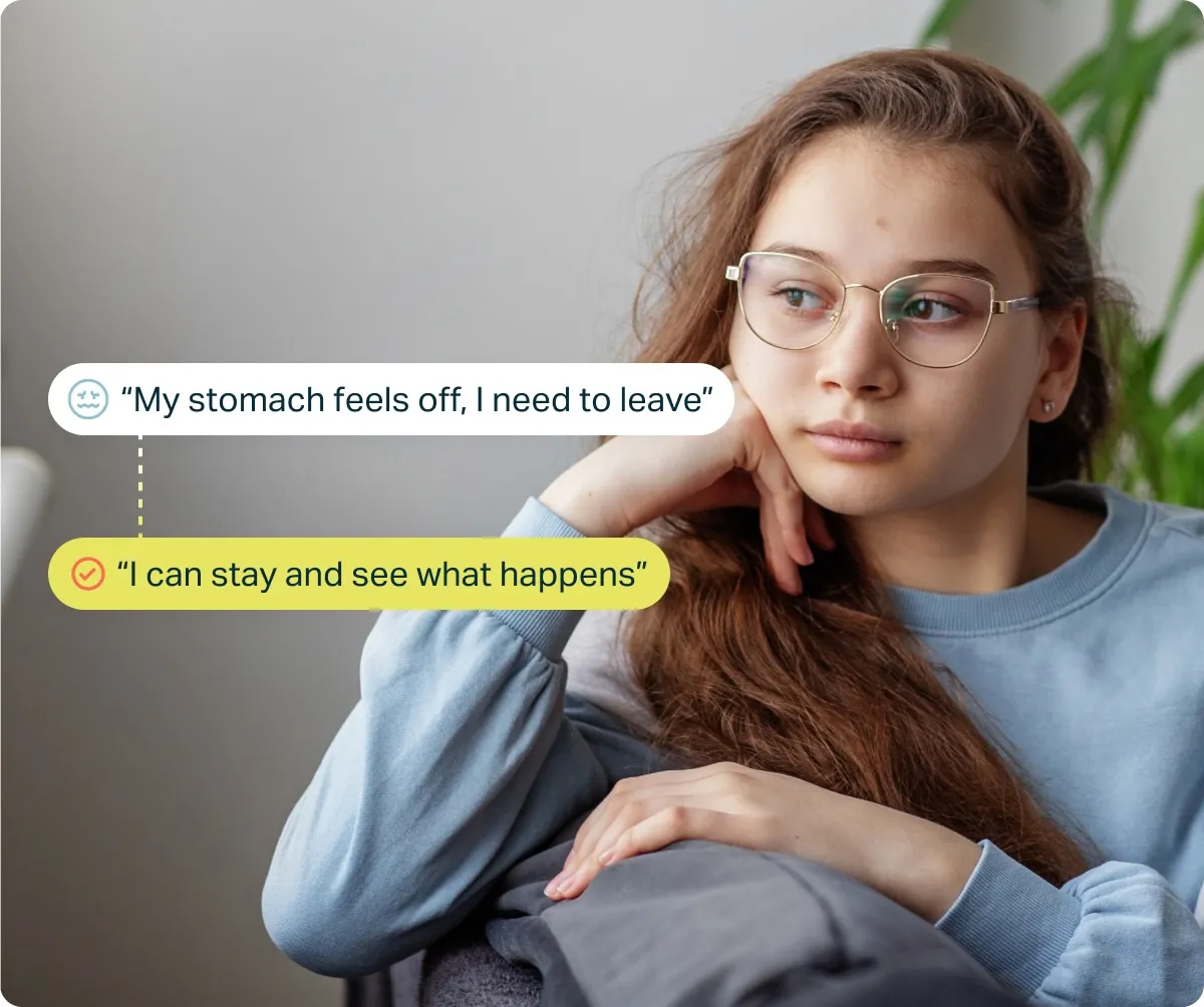 Young man with headphones and backpack looking at phone, with text bubbles showing self-talk: 'I'll fail this test' and 'I've prepared, I can handle it' emphasizing positive mindset.