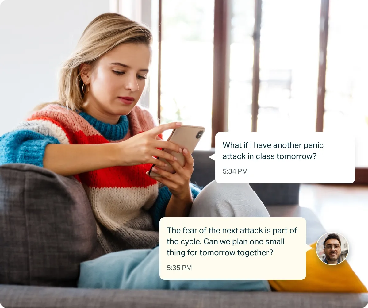 Young woman sitting in a chair looking at her phone with text messages discussing resisting the urge to check due to OCD.