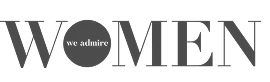 Black text spelling WOMEN with the letter O replaced by a black circle containing the phrase 'we admire' in white.