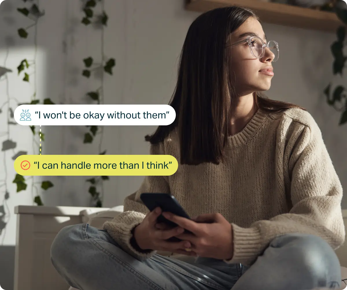 Young man with headphones and backpack looking at phone, with text bubbles showing self-talk: 'I'll fail this test' and 'I've prepared, I can handle it' emphasizing positive mindset.