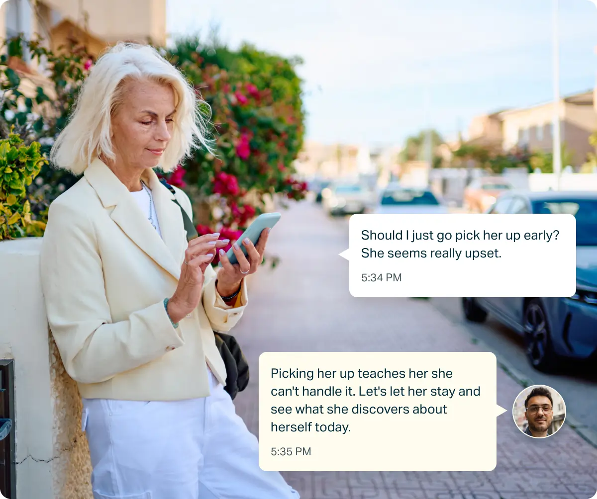 Young man walking outside, texting their support system with text bubbles across the screen showing encouragement