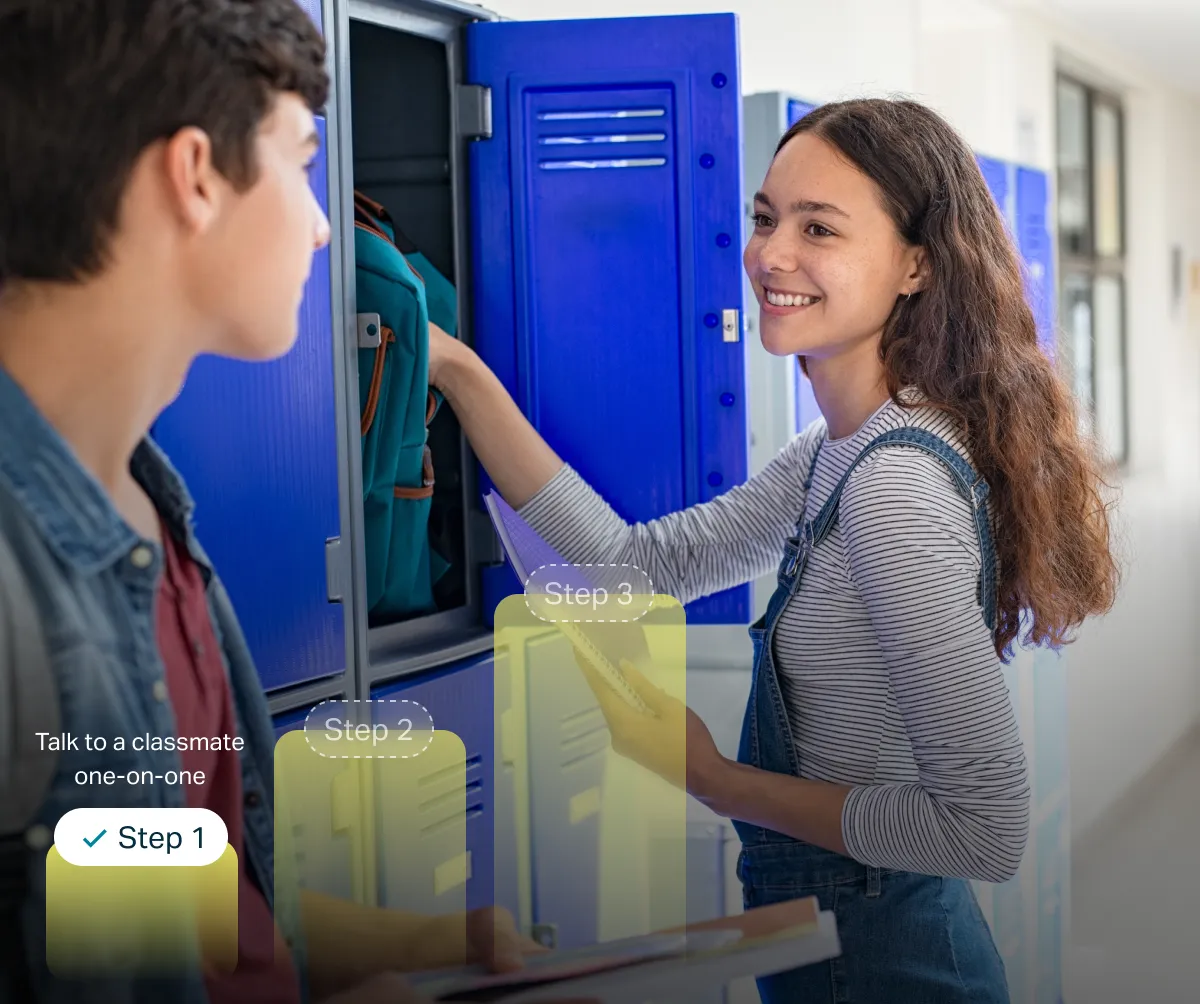 Smiling students meet at blue school lockers; a girl reaches for a backpack as overlays show a three-step guide to talking one-on-one.