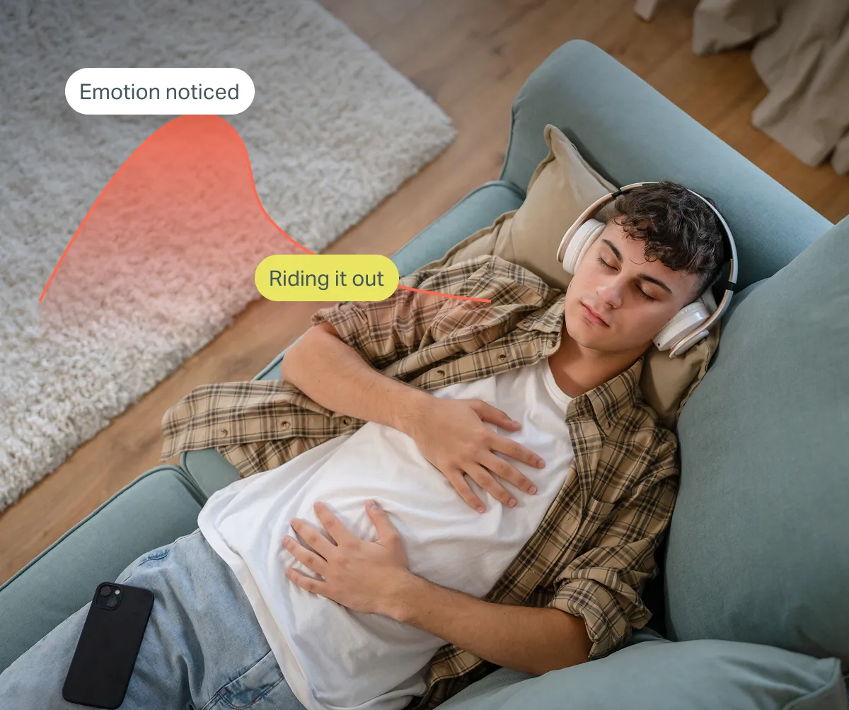Young man rests on a couch wearing headphones, eyes closed and hands on his stomach; labels read “Emotion noticed” and “Riding it out.”