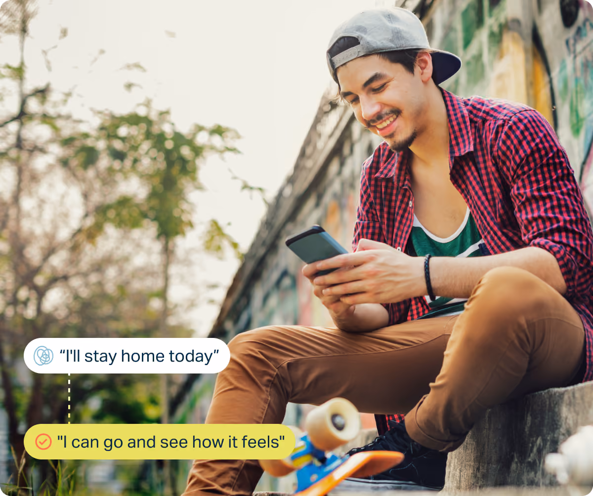 Young girl studies a smartphone with a worried expression; thought bubbles read “I’m going to fail” and “I’ve prepared, I can handle it.”