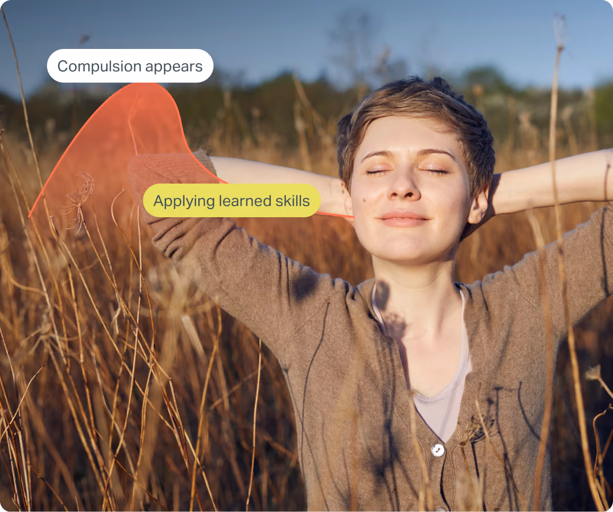 A woman with short hair relaxes in a golden field with her eyes closed and hands behind her head, overlaid with a curve graphic labeled "Compulsion appears" at its peak and "Applying learned skills" as it descends.