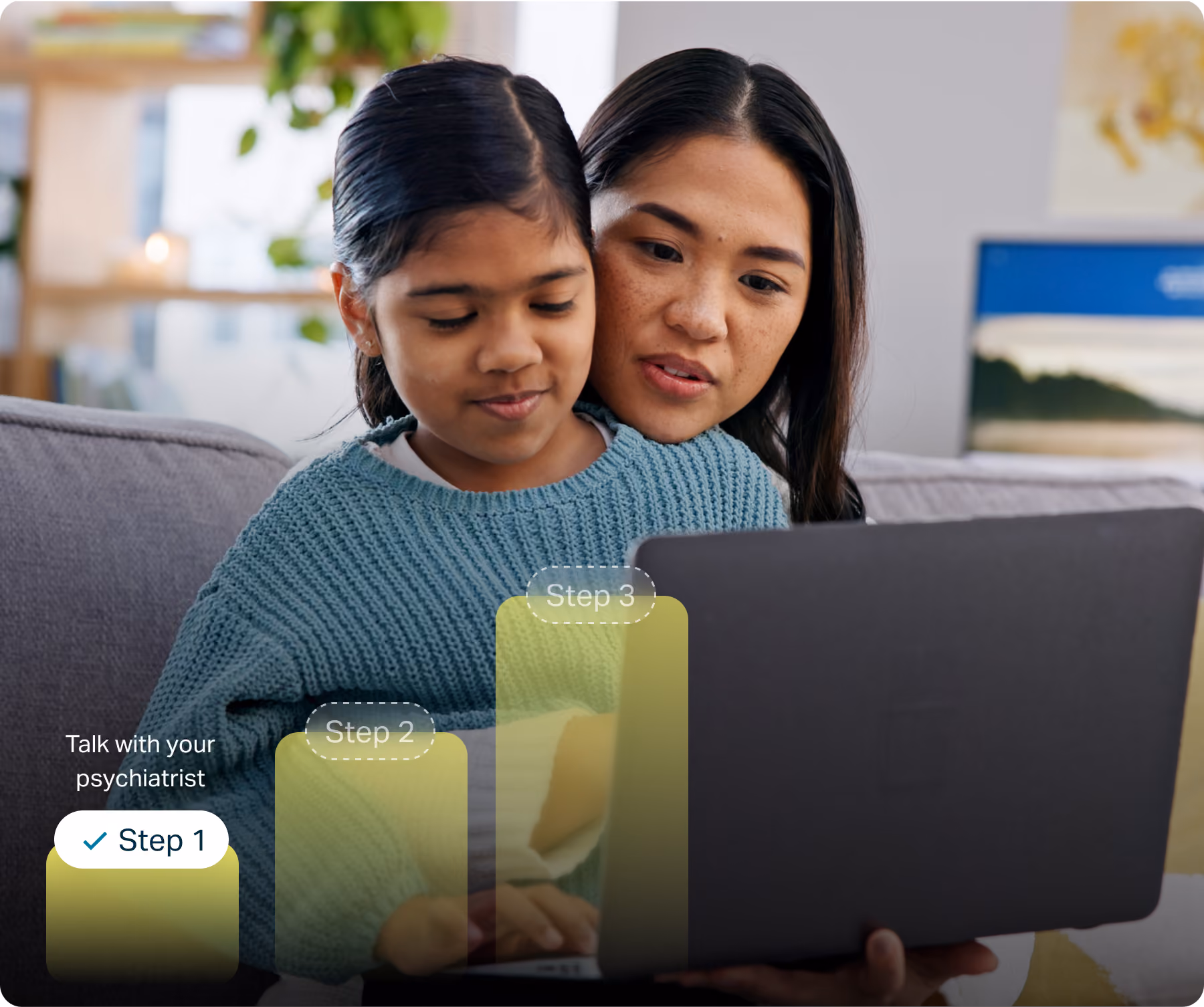A woman and a young girl sit close together on a couch, looking at a laptop, with an overlaid bar-chart graphic where "Step 1: Talk with your psychiatrist" is checked, alongside taller Step 2 and Step 3 bars.