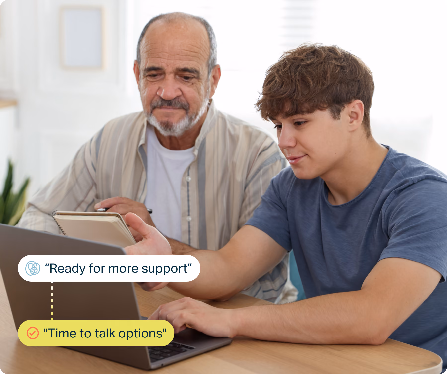 An older man and a teenage boy sit at a table looking at a laptop together, with overlaid labels reading "Ready for more support" and "Time to talk options."