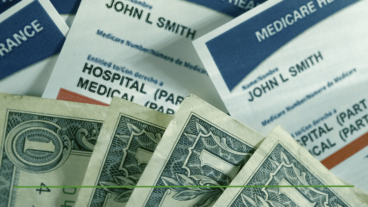 Medicare cards and dollar bills illustrating how Medicare checks your income every year through IRMAA surcharges