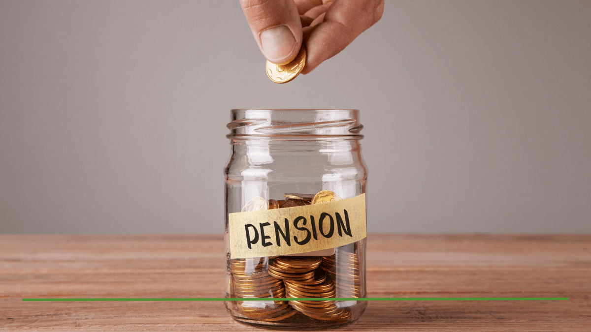 Hand dropping a coin into a glass jar labeled "Pension," illustrating how pension income is taxed