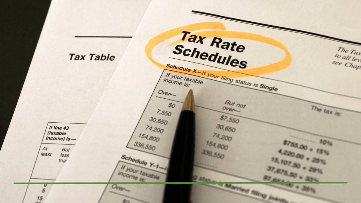 Tax rate schedules highlighted on IRS tax table, illustrating federal tax brackets for retirement income