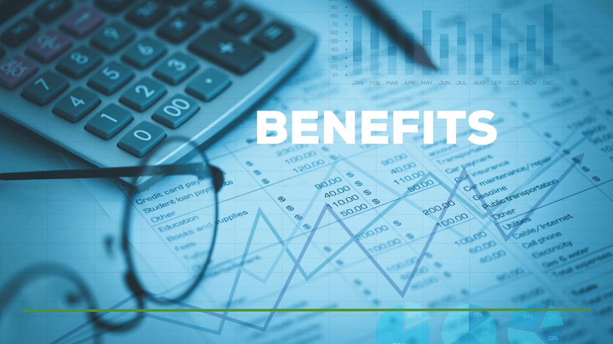 Calculator, glasses, and financial charts with rising line graph, illustrating the word 'Benefits' — representing analysis of potential Social Security benefit cuts and retirement planning.