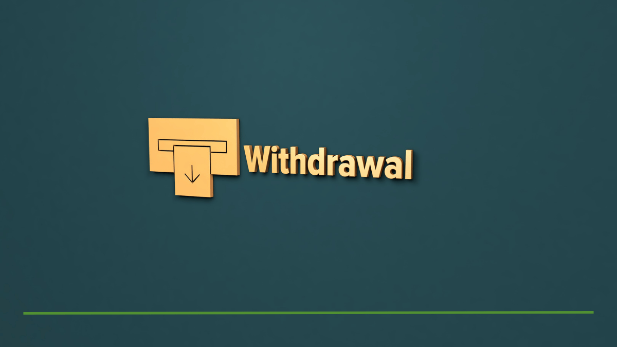 Icon illustrating an IRA withdrawal, showing a cash withdrawal symbol next to the word 'Withdrawal' on a dark teal background
