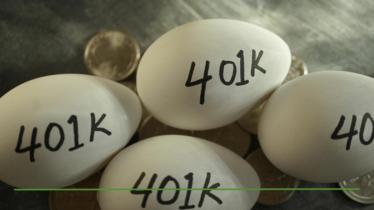 Eggs labeled '401k' resting on a pile of coins, representing 401(k) retirement savings and rebalancing
