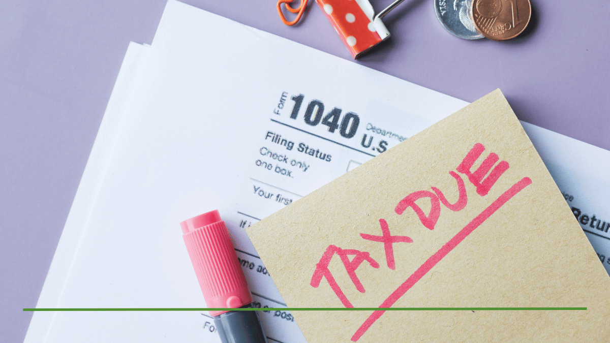 Form 1040 tax return with a 'Tax Due' note, highlighting the tax question behind portfolio rebalancing