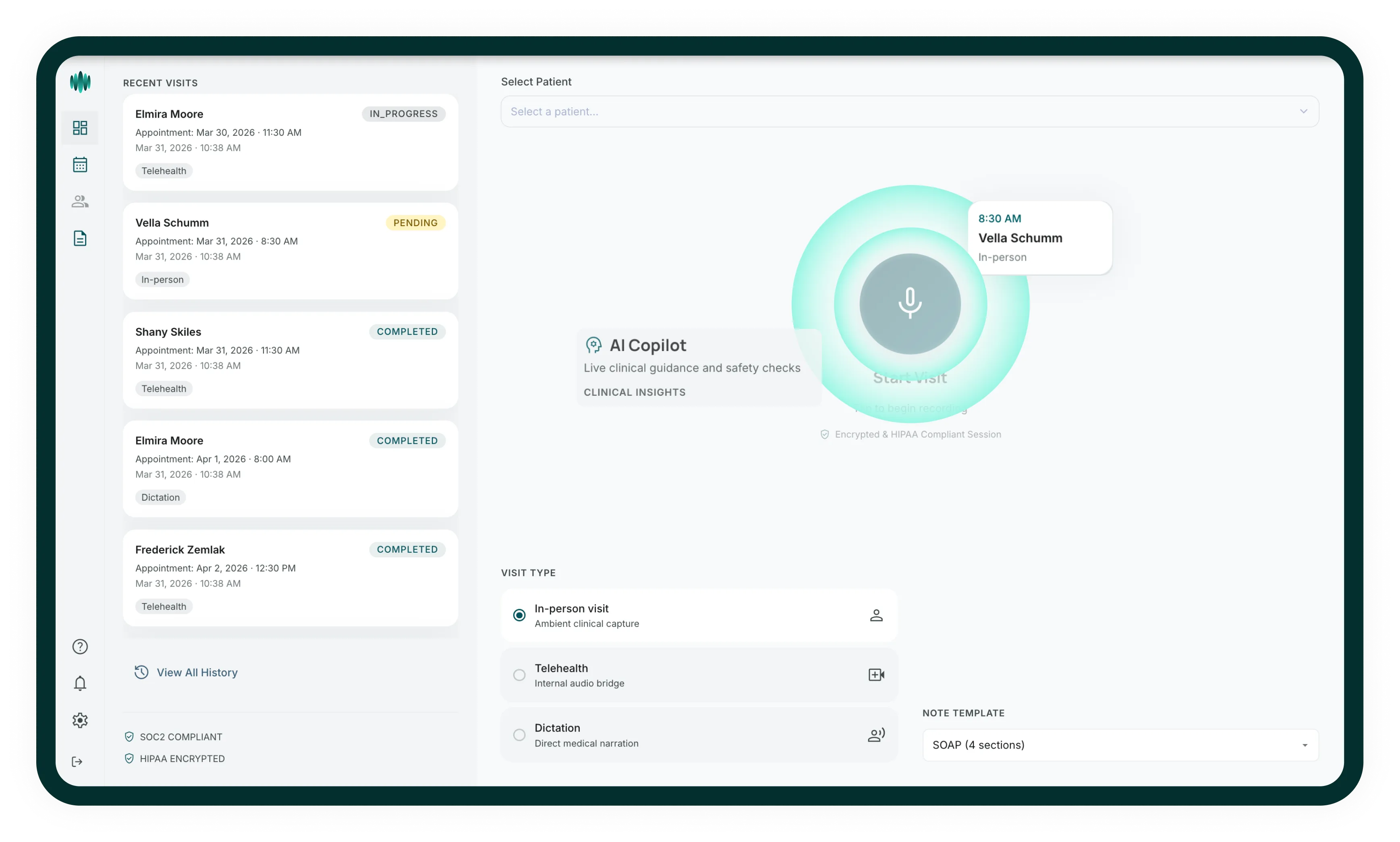 Clinic Frame Scriber interface showing real-time ambient AI scribing and automated clinical documentation.