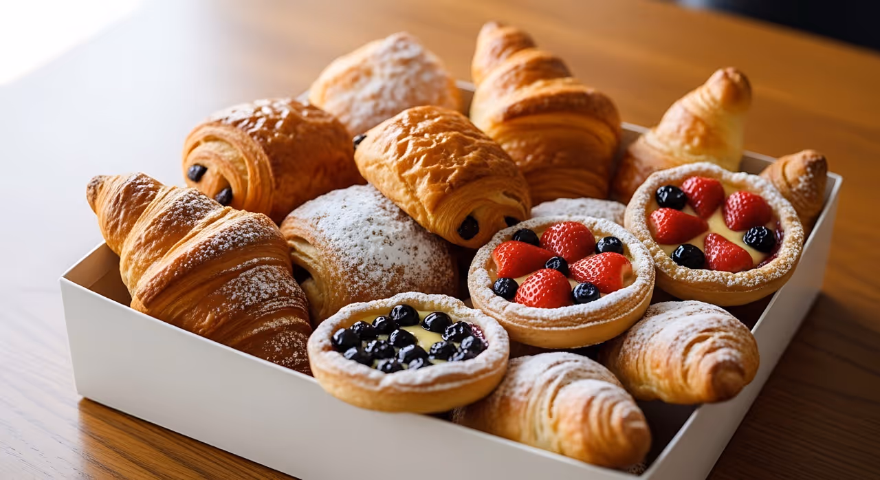 White box filled with assorted pastries including croissants, pain au chocolat, and fruit tarts topped with strawberries and blueberries.