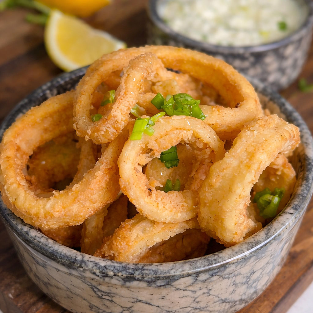 Rabas de aros de calamar fritos con limon