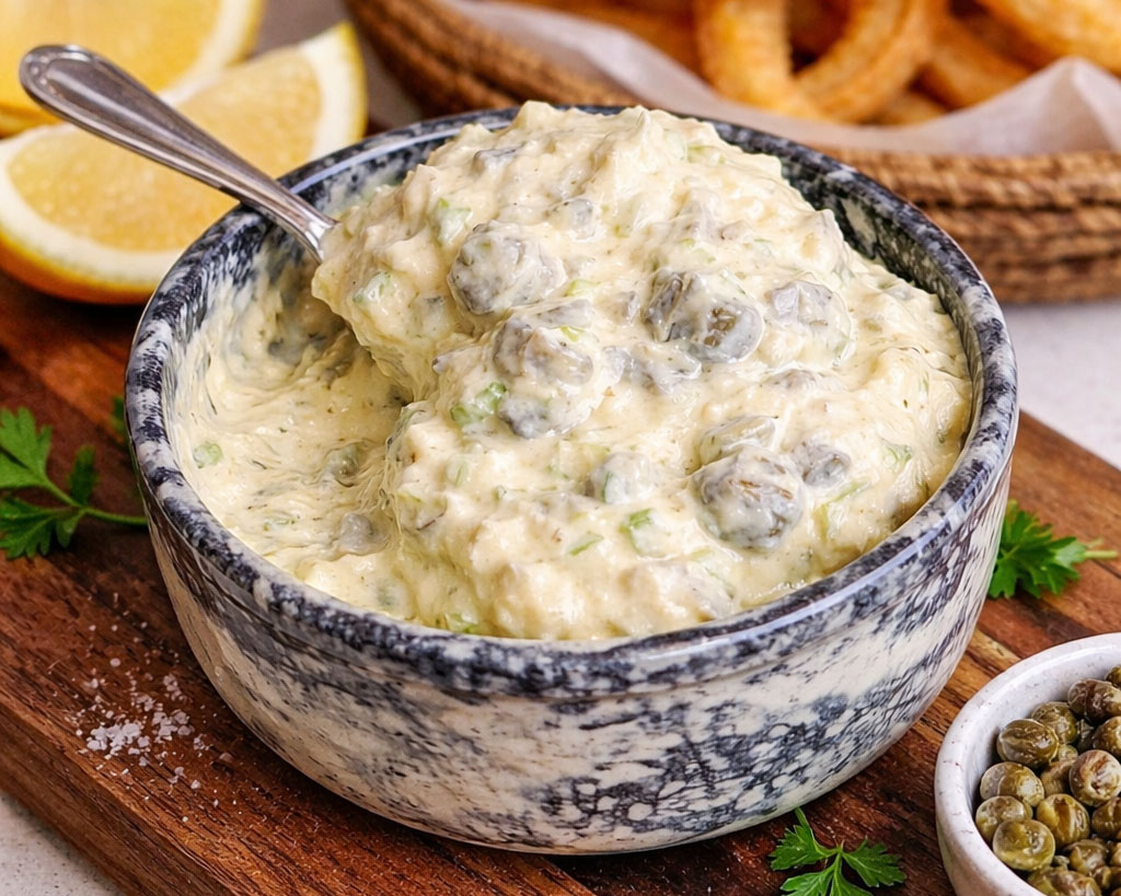Bowl con salsa tartara para comer con pescado frito