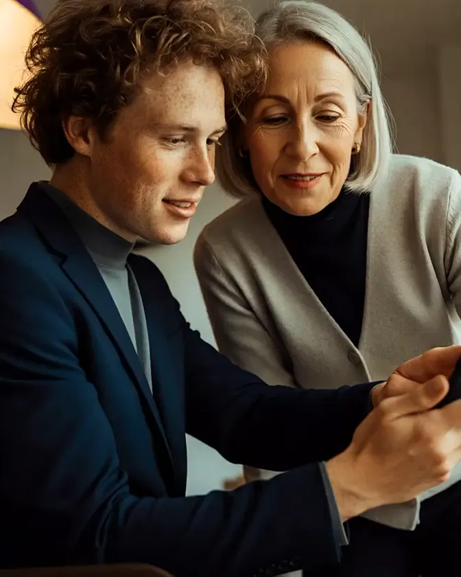 Two colleagues collaborating and smiling while working on a laptop together.