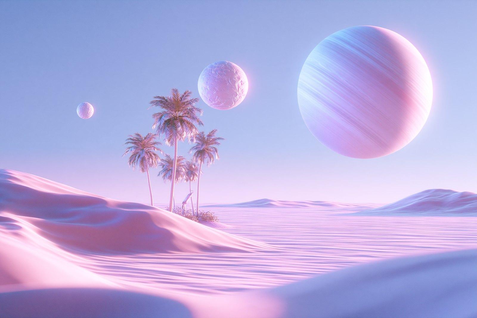 Planètes alignées au-dessus d'un désert pastel