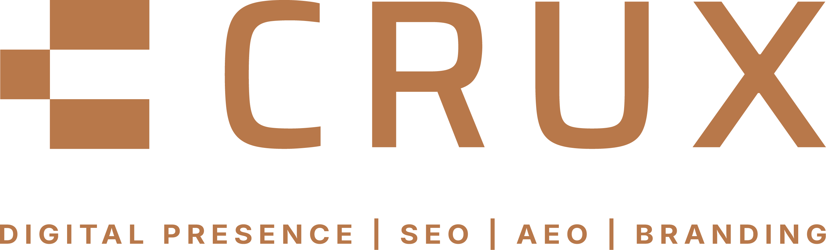 CRUX logo in brown with four-square symbol and text below listing Digital Presence, SEO, AEO, and Branding.