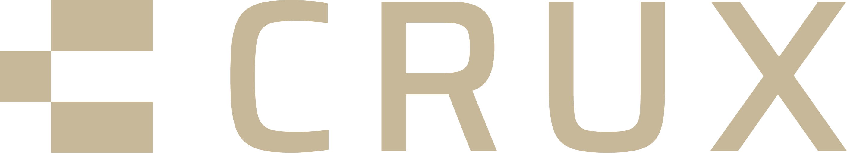 Crux brand logo with stylized beige squares on left and bold beige text on right.