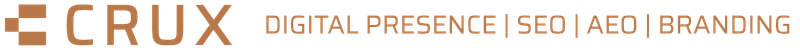 CRUX logo in brown with four-square symbol and text to the right listing Digital Presence, SEO, AEO, and Branding.