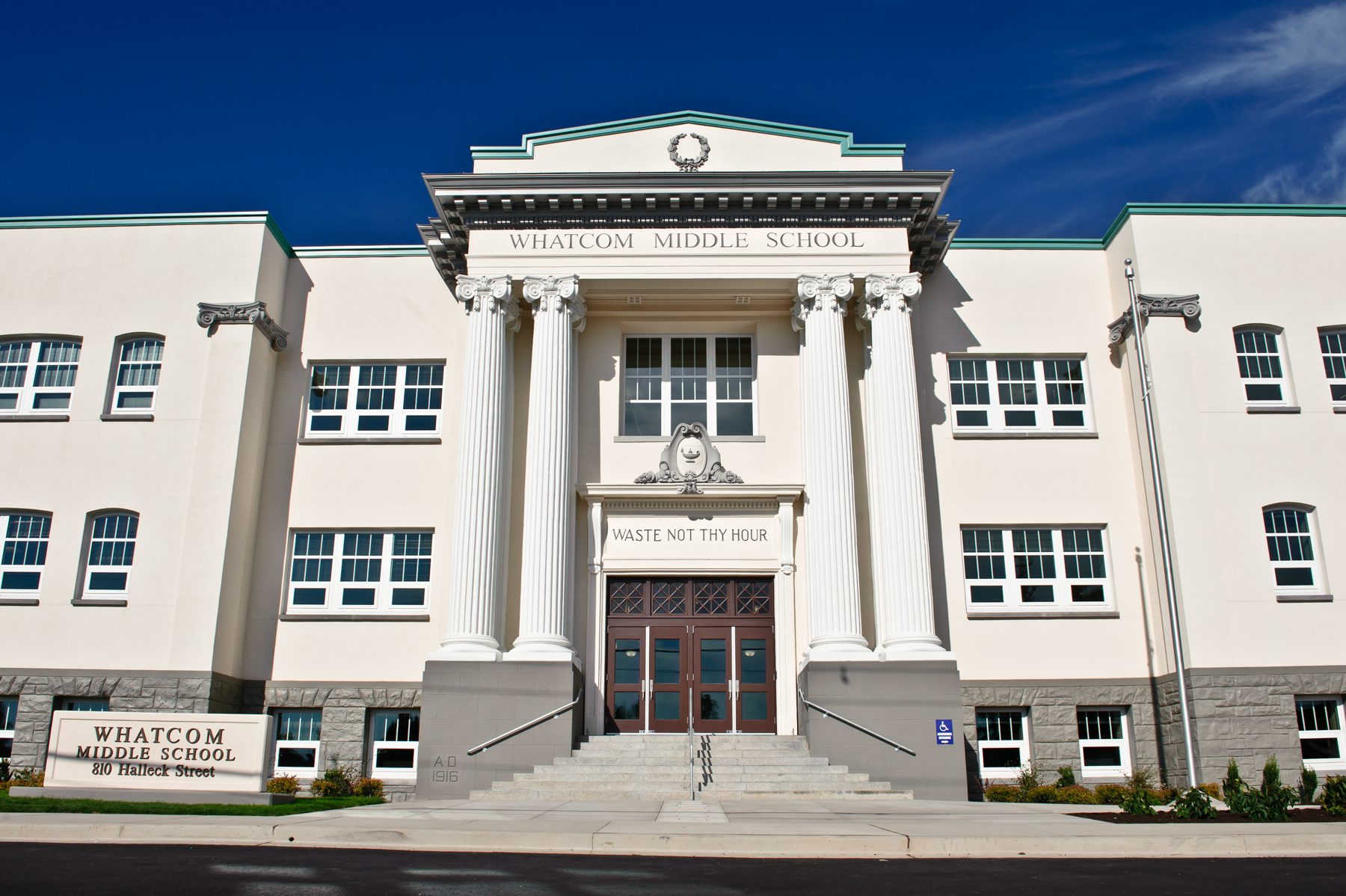 Whatcom Middle School main entry, completed by Dawson