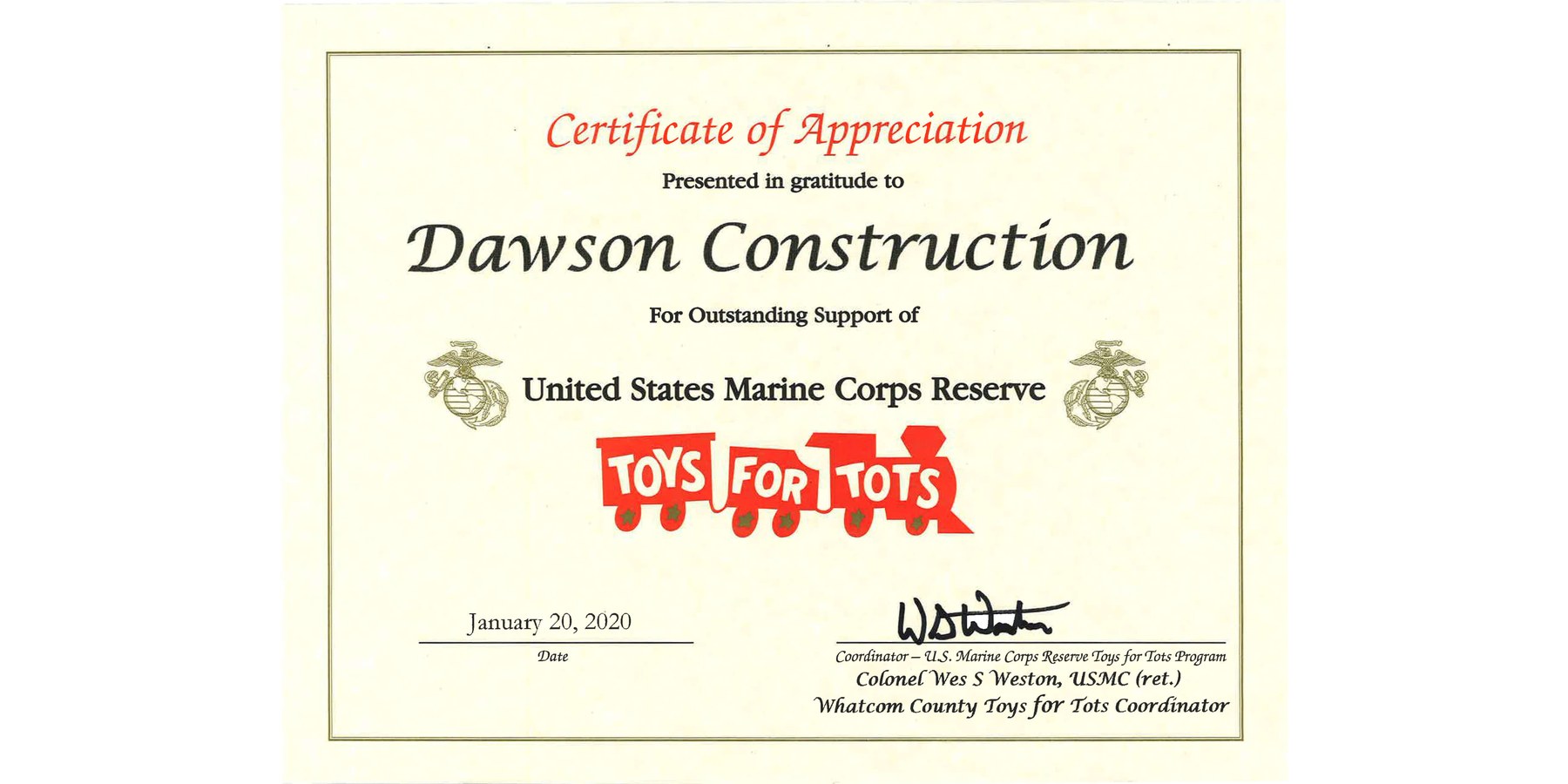 Toys for Tots Certificate of Appreciation presented to Dawson Construction by the U.S. Marine Corps Reserve